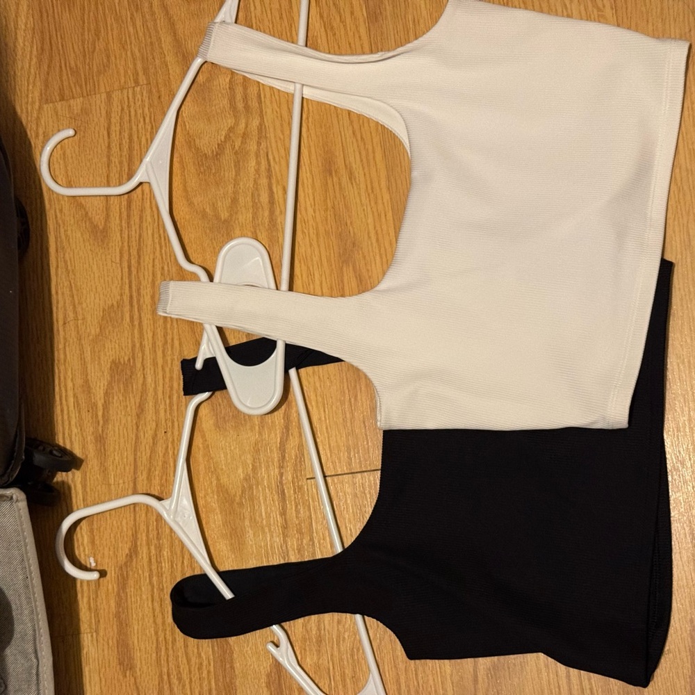 Express Black and White Square Neck Ribbed Tank Tops